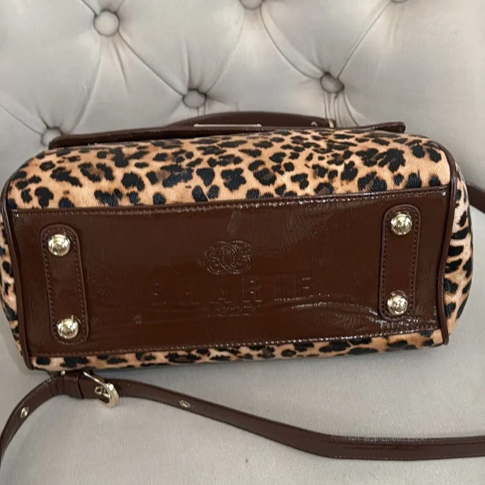 Sharif Leopard Print Satchel with Rose Gold Sequined Flap and Brown Trim